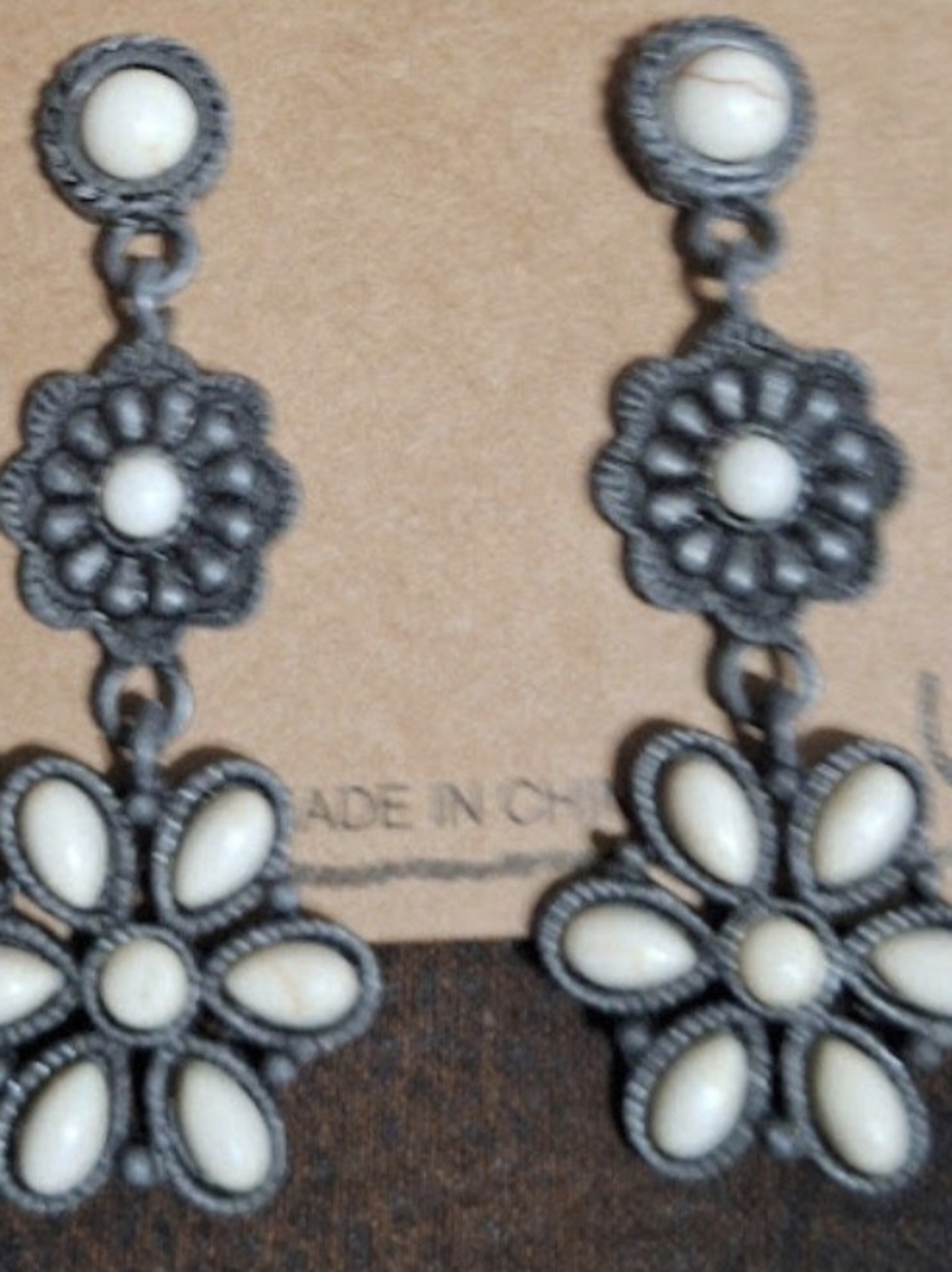 Wrangler White and Gunmetal Floral Drop Earrings - Women Jewelry